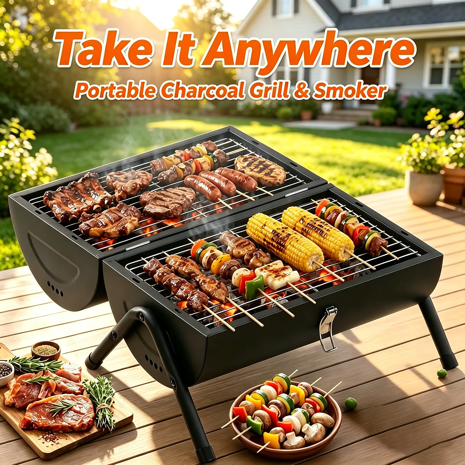 Portable Charcoal Grill (2 IN 1 Double-Sided), Small Tabletop Barbecue Grill With Food Tray & Rack For Outdoor Camping Home Patio BBQ Grilling, Heavy Duty & Multi-use, Easy Assembly (230Sq.in)