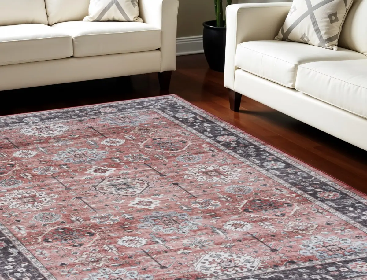 HomeRoots 5x7 ft. Oriental Vintage Distressed Low Pile Non-Skid Rectangle Area Rug - Brick Red & Black for Living Room, Equestrian Use, Low Pile Rugs, Vintage Distressed Rug