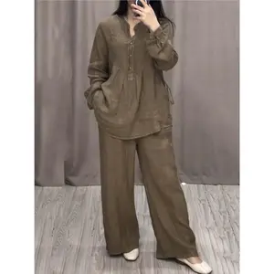 Women’s 2-Piece Fashion Office Lady Cotton Linen Long-Sleeve Casual Loose Wide-Leg Pants Suit, Spring/Autumn 2024