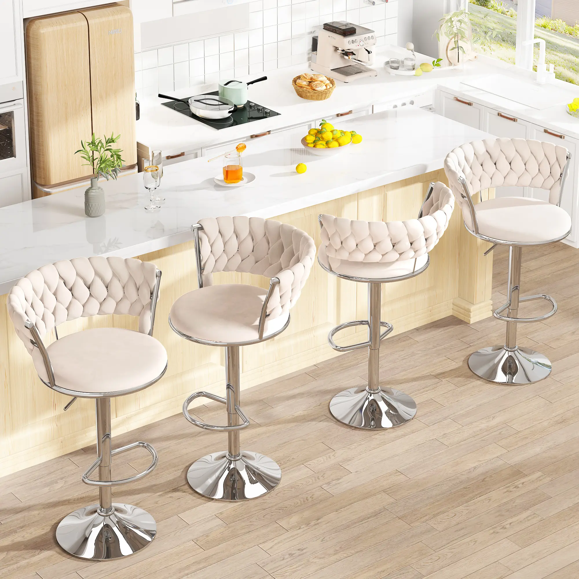 AWQM Velvet Bar Stools Set of 4（Two packages shipped）, Minimalist Bar Chairs with Adjustable Height, Upholstered Kitchen Island Chairs, Beige, Black,