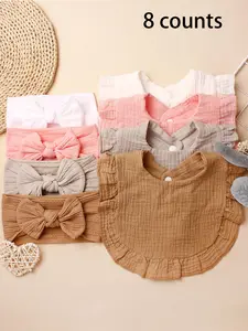 Cute Bow Decor Hair Band & Frill Trim Bib Set, Baby Big Head Bow, Solid Color Nylon Hair Band & Bib Set, Fashion Hair Accessories for Newborn Baby Girls & Boys