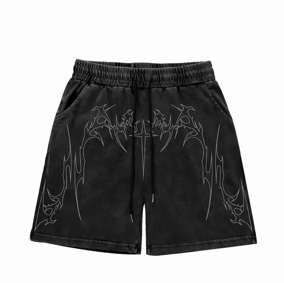 Men's Summer Fashion Shorts, Graphic Shorts, Lightweight Printed Shorts, Trendy Casual Sports Shorts, Dark Street Style, Washed Look, Cross Design, New Arrival, Summertime Shorts
