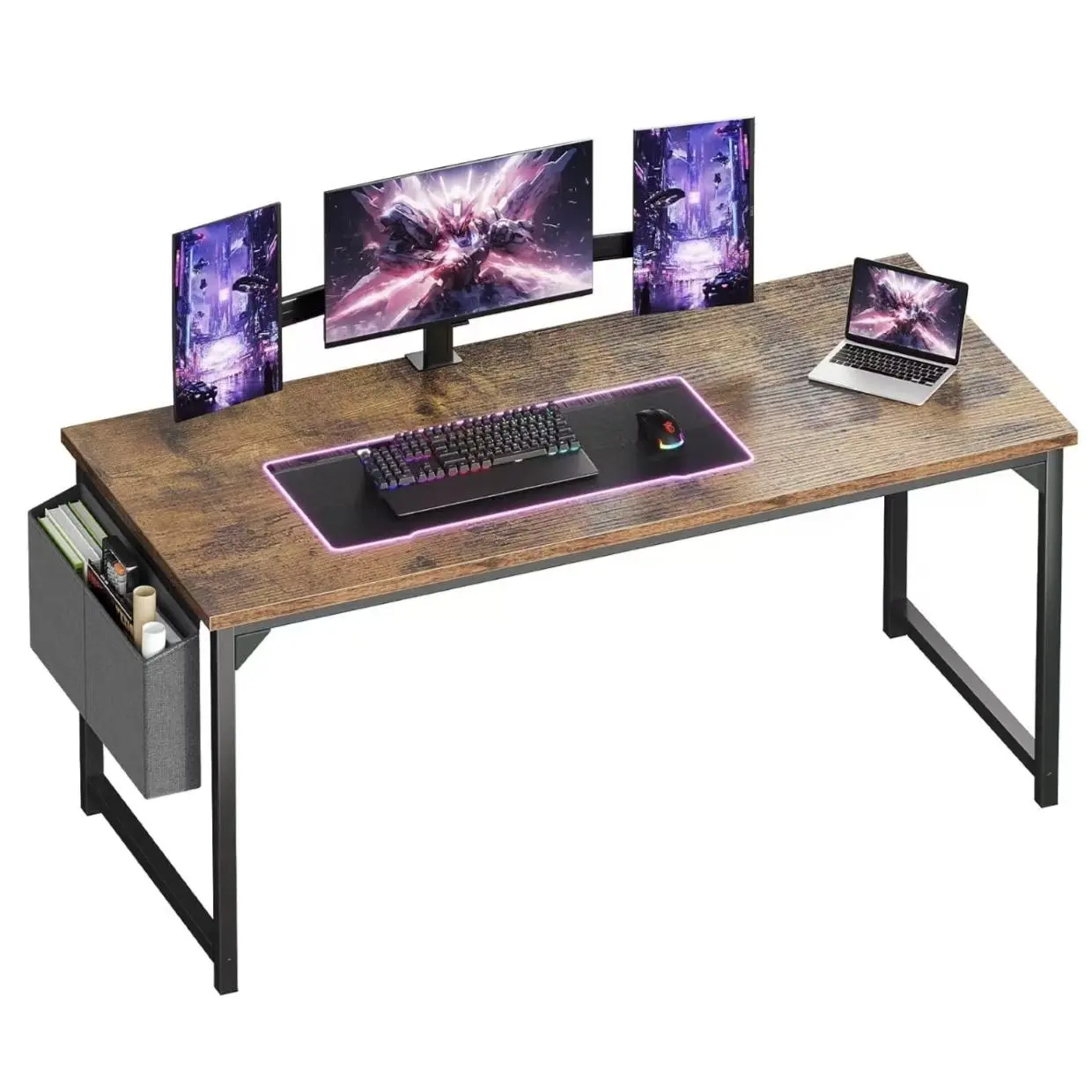 Computer Desk 63 Inch with Storage Bag, Large Home Office Desk Gaming Desk Study Table, Sturdy Steel Frame, Workstation for Small Spaces, Easy Assembly, Black/White/Rustic Brown