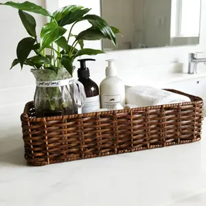 1pc Handwoven Plastic Imitation Rattan Woven Storage Baskets Toiletries Basket, Rectangular Open-Top Suitable for Bathroom Shelf, Bedroom Closet Organizing, Durable Multi-Purpose Decorative Basket, Multipurpose Basket