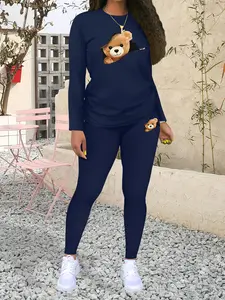 Women's Pattern Print Casual Sportswear Two-Piece Set, Workout Sets, Fashionable Long Sleeve Top & Tight Pants, Regular Length, Fall & Winter