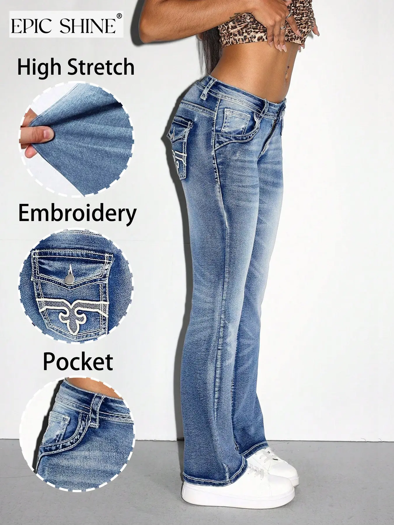 Women's Jeans Washed Blue Embroidered Back Pockets High Stretch Flare Jeans Y2K Style Slim Fit Butt Lifting Leg Lengthening Versatile for All Seasons