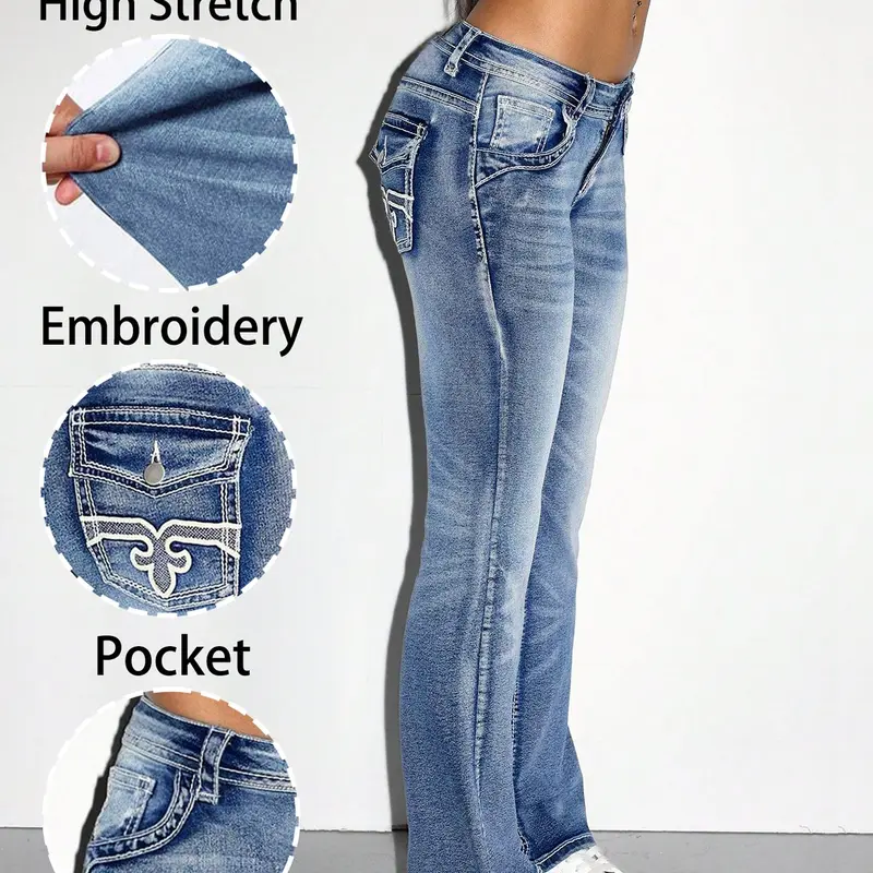Women's Jeans Washed Blue Embroidered Back Pockets High Stretch Flare Jeans Y2K Style Slim Fit Butt Lifting Leg Lengthening Versatile for All Seasons Flared Leg Jeans