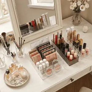 2 Pack Acrylic Makeup Organizer Set, Clear Cosmetic Storage Box with Multi Compartment Design Lipstick Compartment and Eyeshadow Palette Holder, Vanity Countertop Organizer for Lip Gloss, Powder, Blush, Bathroom Beauty Storage