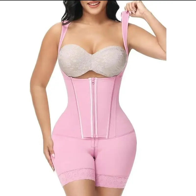 Women's Contrast Lace Zipper Shapewear Romper, Medium Stretch Support Adjustable Hook & Eye Tummy Control Bodysuit Shaper, Waist Trainer, Women's Shapewear for All Seasons, Waistband, Womenswear, Tummy Tuck Shapewear, Compression