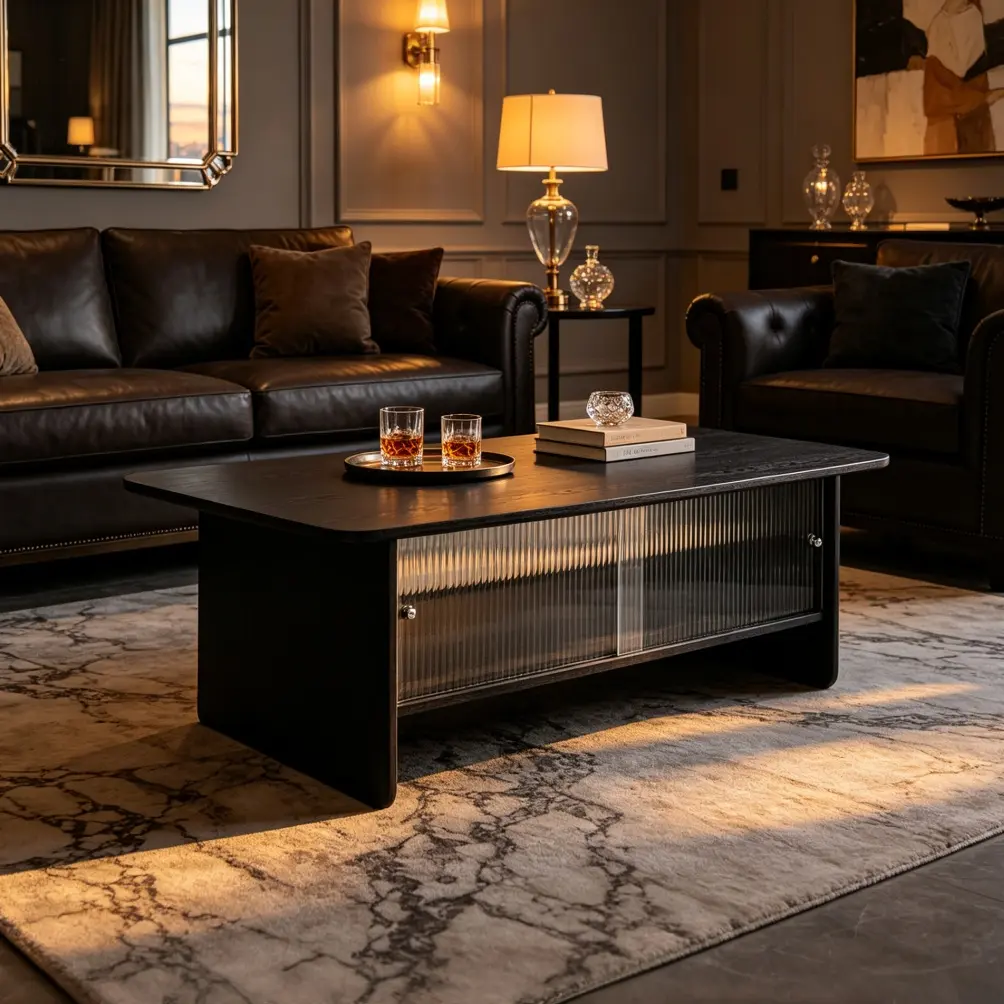 47in Modern Minimalist Rectangular Coffee Table with Storage, Fluted Glass Sliding Doors - Living Room Home Decor Furniture