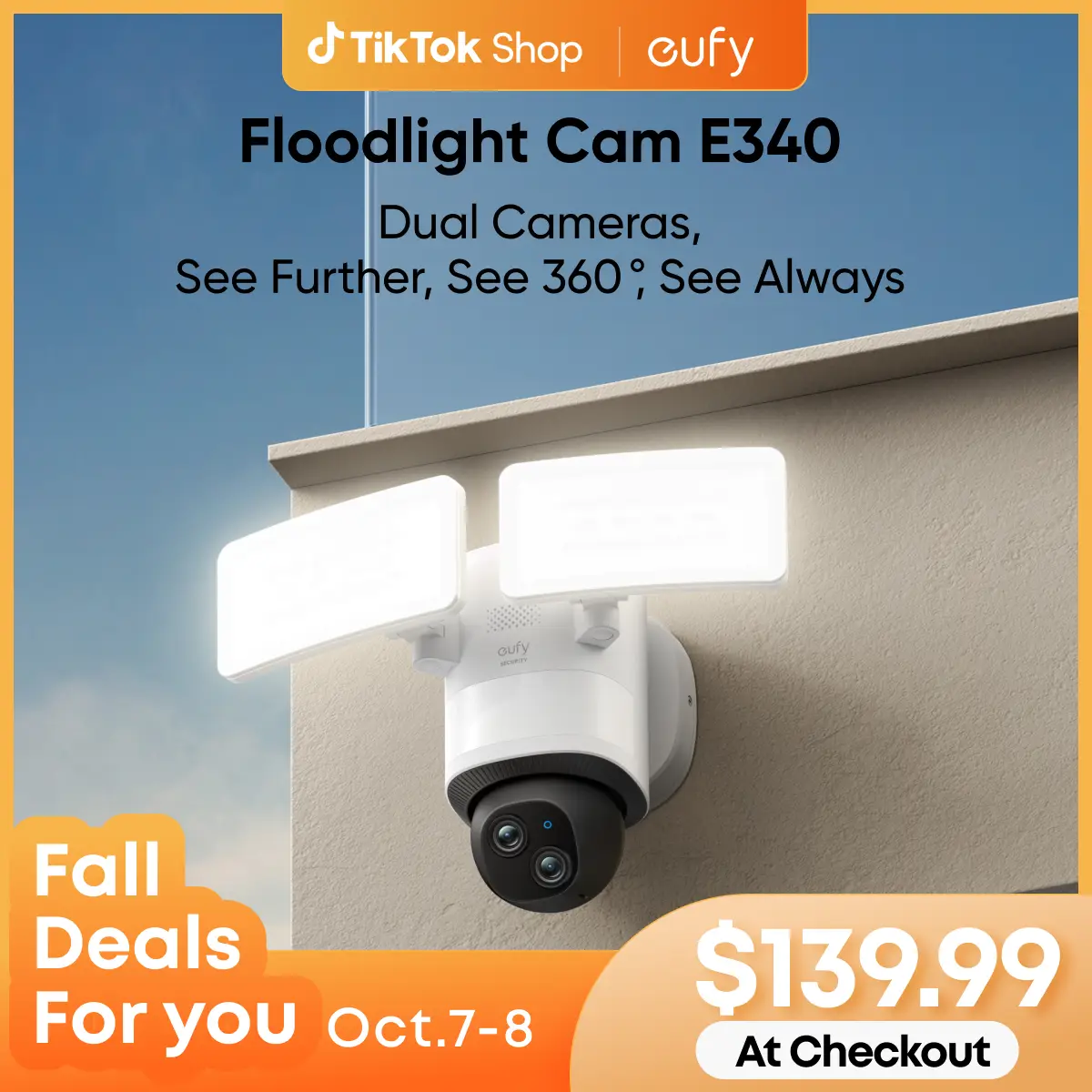 eufy Security Floodlight Camera E340 Wired, 360° Pan and Tilt, 24/7 Recording, Dual-Band Wi-Fi, 2,000 Lumens, Motion-Activated, Dual Camera, HomeBase