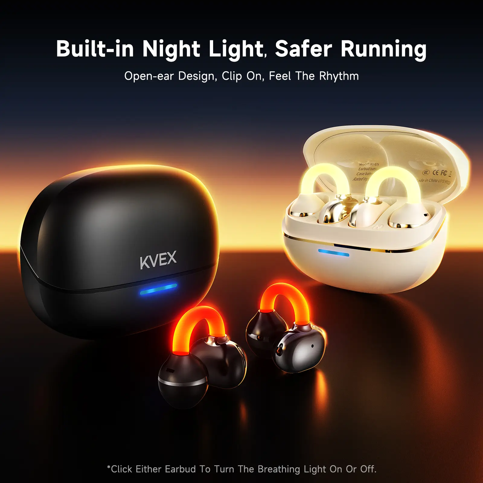 KVEX ARC Pro Open Ear Clip-On Wireless Earbuds, Bluetooth 5.4, 11mm Drivers, Touch Control, IPX5, 22H Playtime，Black/Skin Color