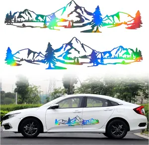 Pair Mountain Range and Pine Tree Graphics Car Side Body Stickers SelfAdhesive Vinyl Decal Universal Long Size Stickers Accessories .''x .", Holographic Laser