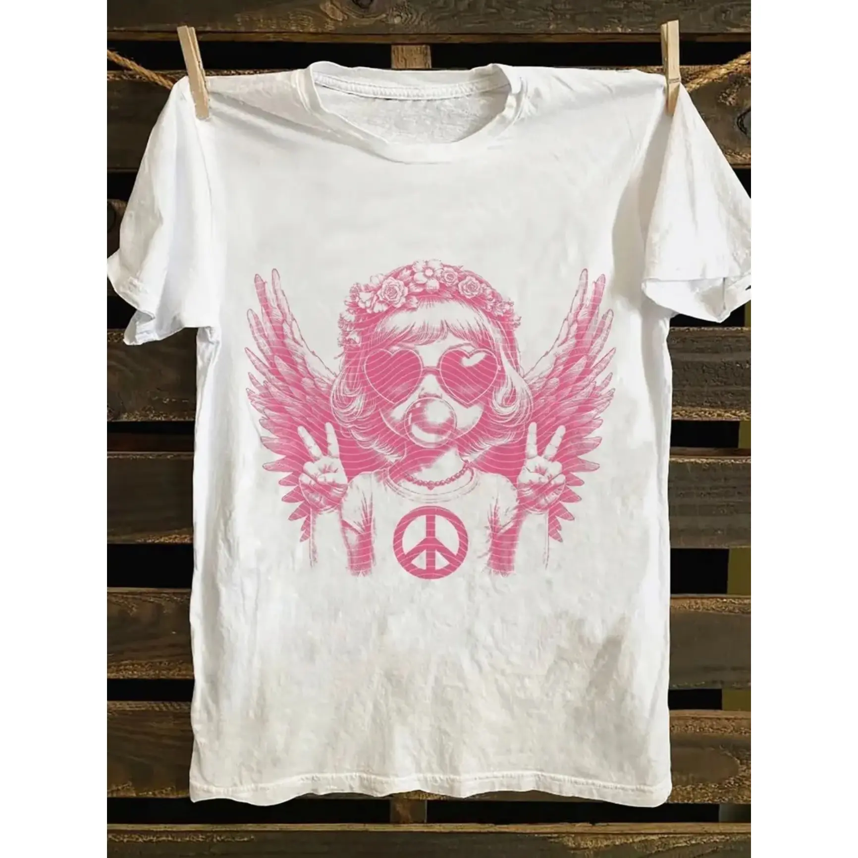 Men's Vintage 70s-80s Punk Rock Band Graphic Short-Sleeve Round Neck T-Shirt, Classic Relaxed-Fit Cotton Top, Angel Wings Peace Sign Design, Outdoor Oversized Outfit, Ideal Valentine’s Day Gift For Him, Streetwear