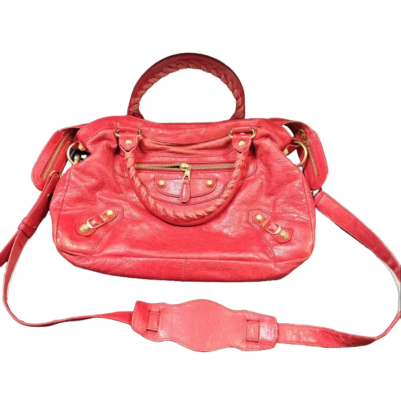 Pre-owned Balenciaga Aged Lambskin Classic City Red Motorcycle Top Handle Purse Shoulder Bag X258 (26.06.13) Genuine Leather, Calfskin Trim, Intact, Durable, Fine Texture, Casual Fashion Bag, Good, Cost Performance, Stylish & Versatile Daily Wear