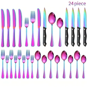 24 Piece Rainbow Stainless Steel Flatware Set，Polished Tableware Eating Utensils Set for Kitchen, Including  Knives，Forks，Spoons, Cutlery Set Dishwasher safe