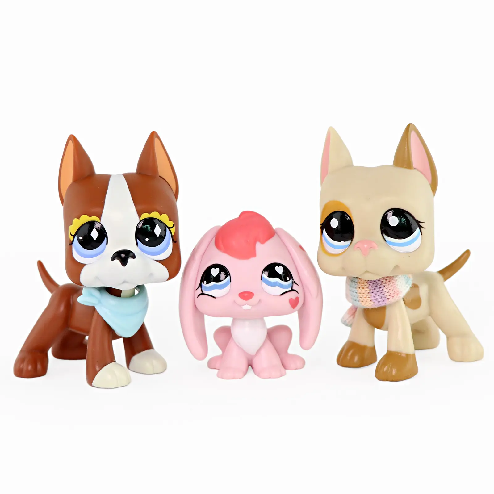3 Pack Assorted Bulldog & Bunny Mini Figurines, Hand Painted Big Eye Pet Collectible Figures with Bandana & Knit Scarf Accessories, Small Vinyl Animal Doll Playset, Pretend Play Toy, Kids Birthday Party Favor Gift for Ages 4+, Easter Basket Stuffers