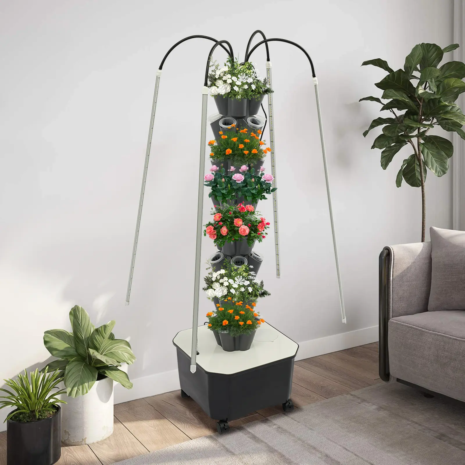 CNCEST 40-Hole Hydroponic Growing Tower Garden System, LED Grow Lights, Automatic Vertical Indoor Kit with Water Pump, Wheels for Herbs, Vegetables
