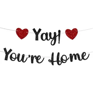 Black Glitter Welcome Home Banner, Yay! You're Home Banner for Welcome Back, Housewarming & Military Return Party Decorations & Decor, No DIY.