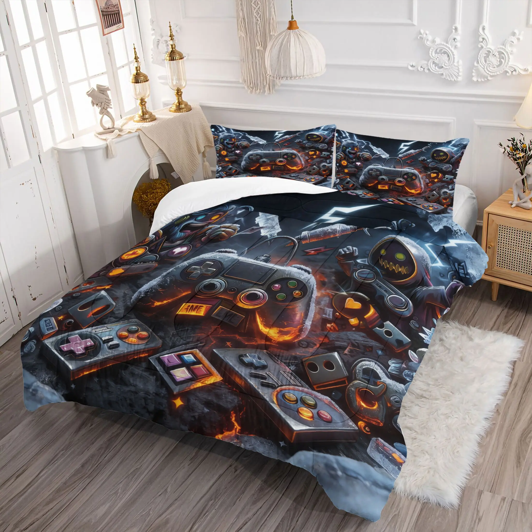 2/3PCS Gamer Retro Game Controller Print Comforter Set, Gaming Quilt, Machine Washable Bedding, Soft Microfiber Bedding Set with Pillowcase, Video Game Controller Bed Set for Teen Boys & Gaming Room Bedroom Decor, Gamer Theme