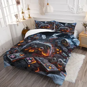 2/3PCS Gamer Retro Game Controller Print Comforter Set, Gaming Quilt, Soft Microfiber Bedding Set with Pillowcase, Video Game Controller Bed Set for Teen Boys & Gaming Room Bedroom Decor