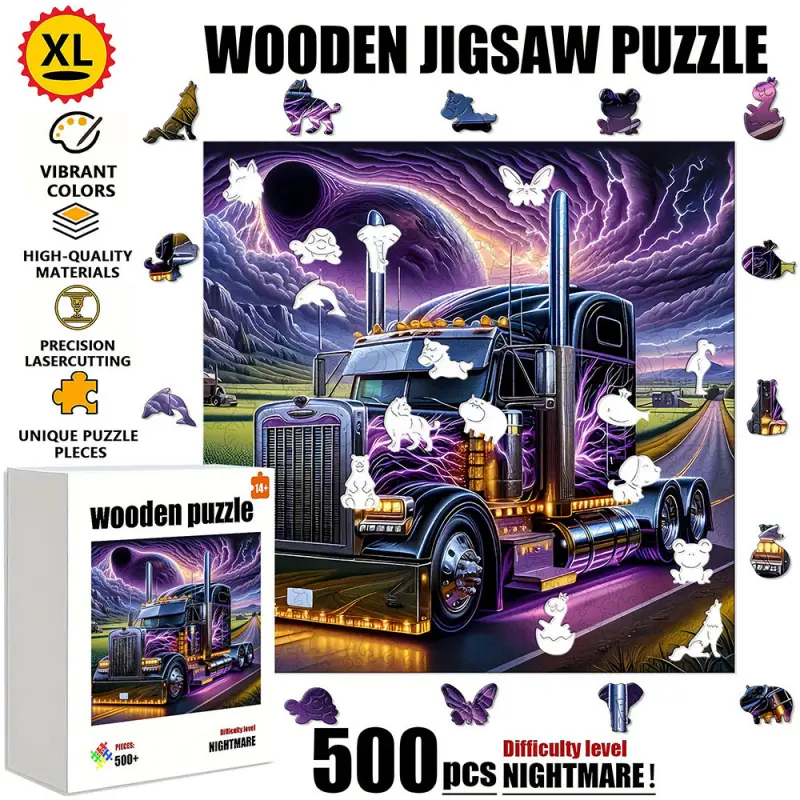 1 Box (500 pcs) Wooden Puzzle "Truck in the Purple Electric Storm" is durable and not easily damaged, suitable for family entertainment, solo time, leisure on rainy days, perfect home decoration, enhances happiness, and makes a great holiday gift