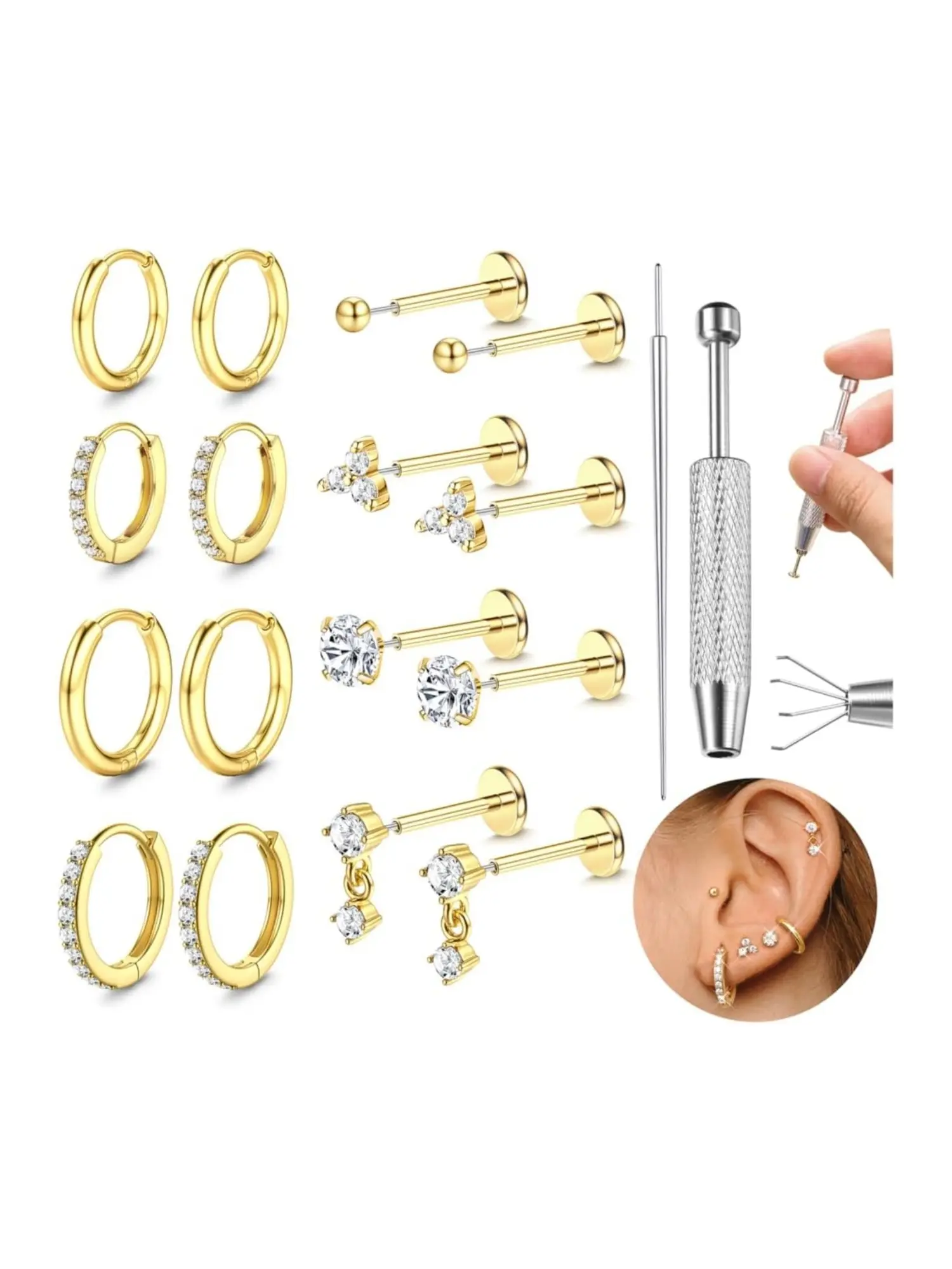1 Set Golden Silvery Piercing Kit for Women Men Skin-friendly Surgical Steel Copper Threadless Push-in Construction Labret Earrings, Helix Piercing Jewelry, Stable Wear Helix Cartilage Lip Nose Adornment Mixed Hoops Flat Back Studs Rich Styling Options