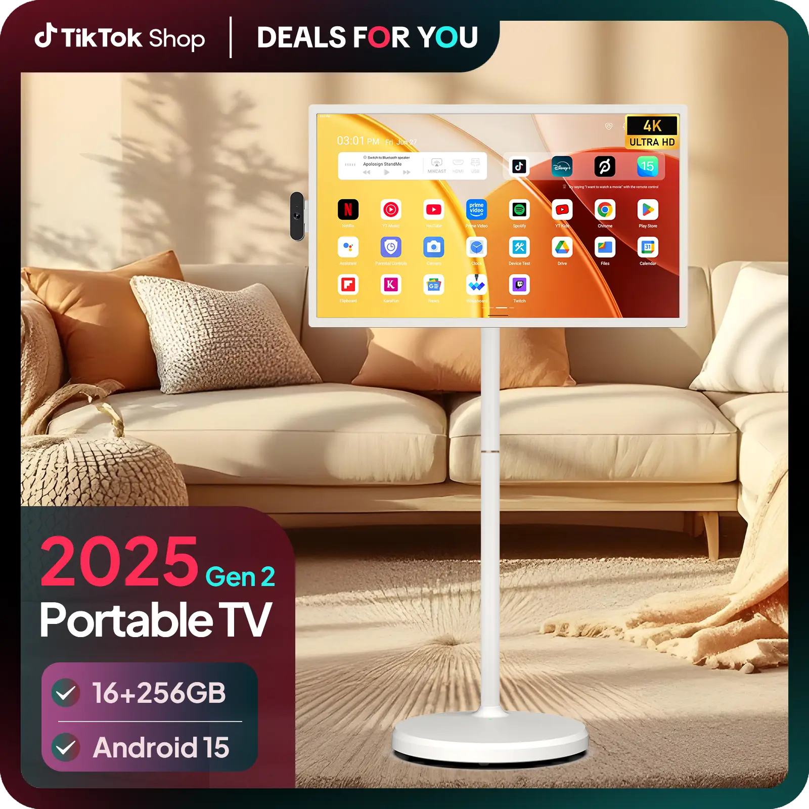 【Ultra-Large 15000mAh Battery】2025 Apolosign Gen 2 Portable TV, 24 inch 32 inch True 4K UHD Portable TV, 16(8+8)GB+256GB, Google EDLA-Certified Androi