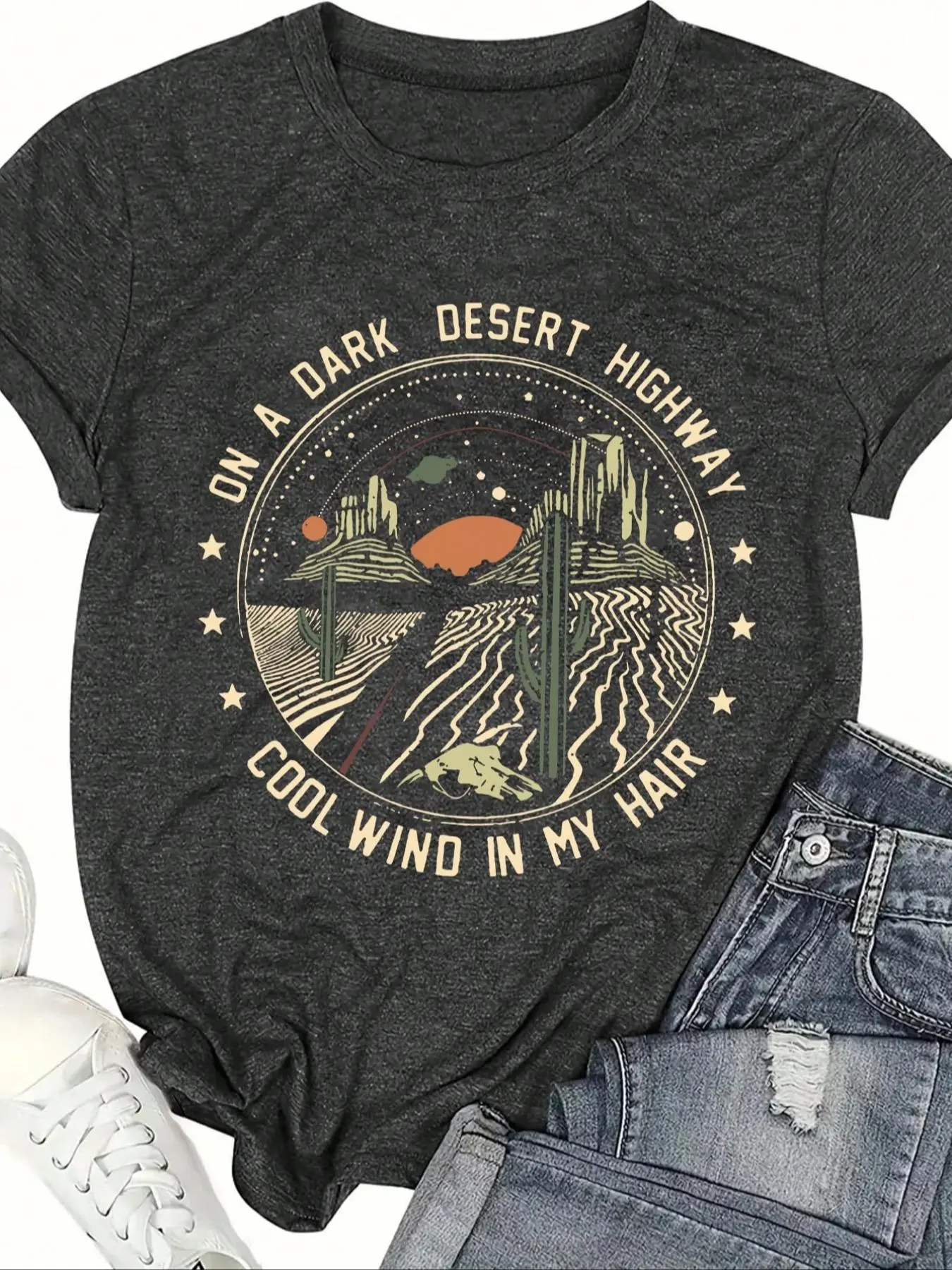 Women's Desert Sunset Cactus Letter Print Round Neck Tee, Casual Short Sleeve T-shirt for Summer, Ladies Clothes for Daily Wear, Top
