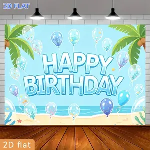 2D Flat Banner 1pc, Poster Party Banner Polyester Backdrop Beach Happy Birthday Balloon Palm Tree Starfish Event Decoration Home Room Courtyard Farm Garden Photography Live Streaming Wedding Club Gift Festive, Photogra