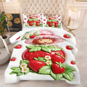 3-Piece Strawberry Girl Cartoon Pattern Quilt Set, Cartoon Single-Sided Printed Bedding Set, Suitable For Giving As a Birthday Gift To Family Or Friends, Including 1 Blanket And 1 Or 2 Pillowcases Without Pillowcases