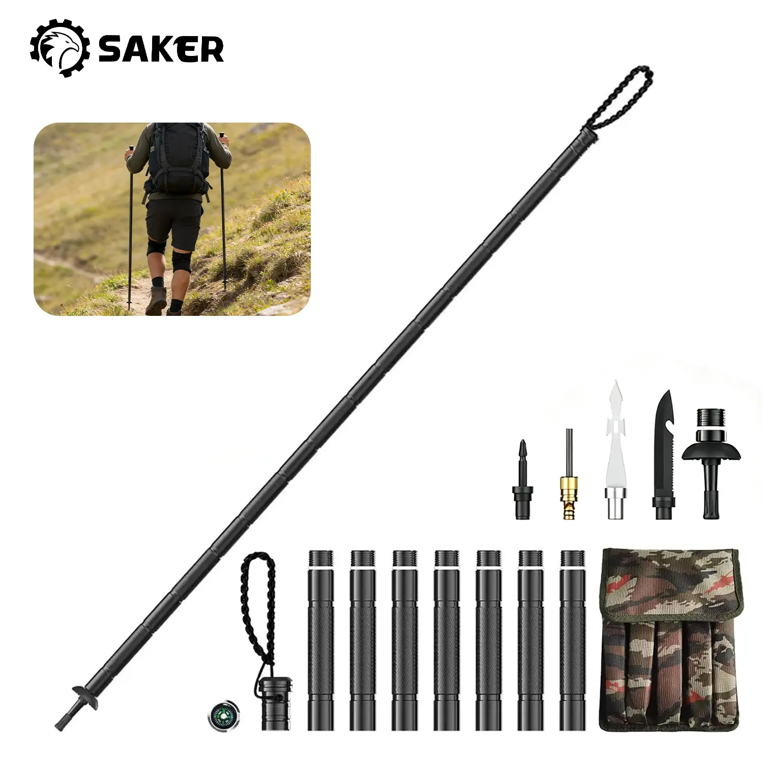 Saker 7-in-1 Trekking Pole Tactical Stick, Multifunctional Aluminum Alloy Collapsible Survival Hiking Pole with Storage Bag for Women Men Seniors Camping Backpacking