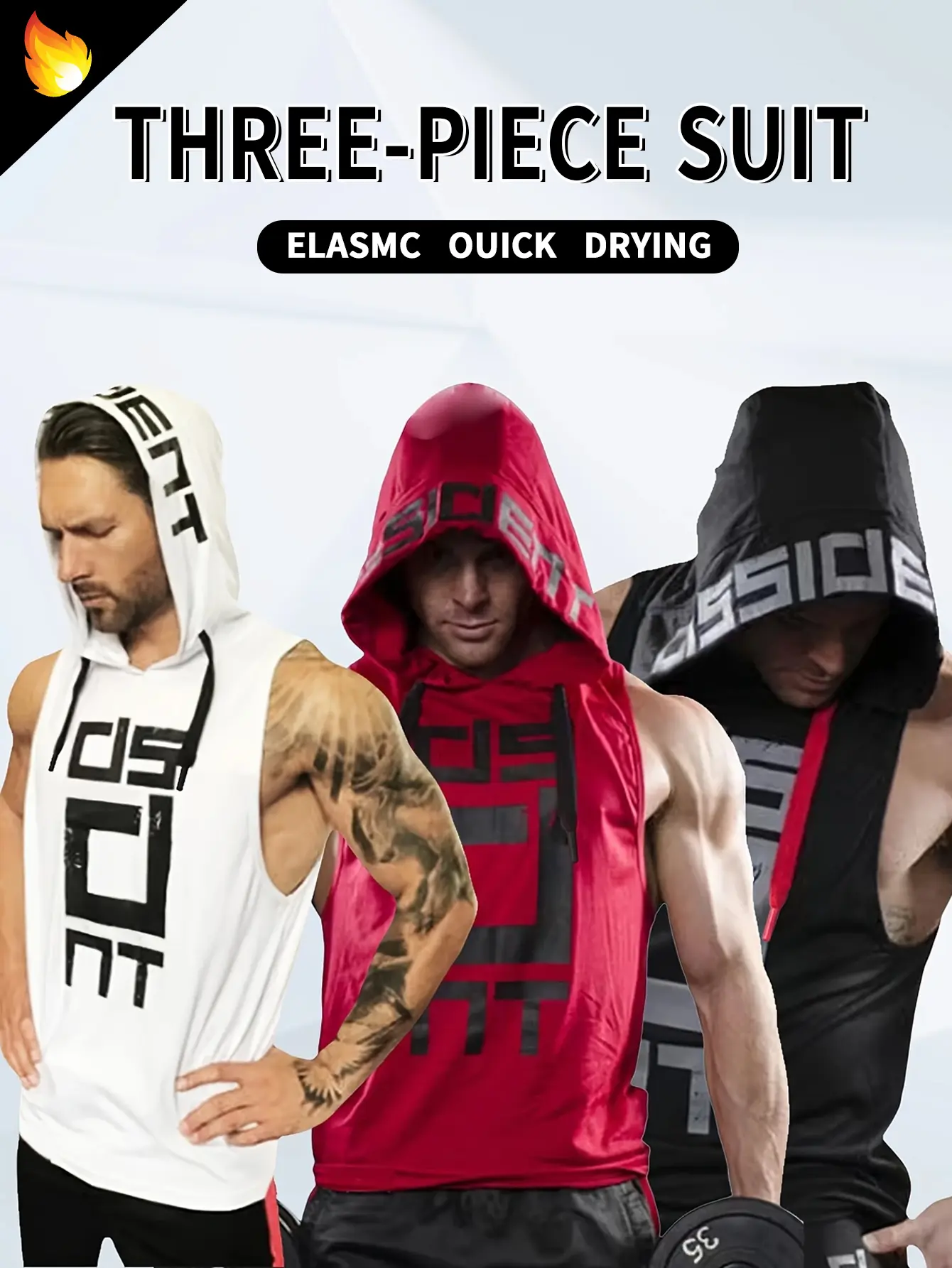 Male 3-Piece Sporty Chic Printed Hoodie Vest, Quick-Drying Breathable Moisture-Wicking, Ideal for Gym/Running, Perfect for Athlete Life