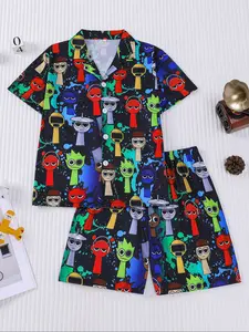 Colorful cartoon character printed children's sleepwear set, Cartoon Character Pajamas, flame-retardant lapel cardigan short sleeved and shorts casual clothing, can be worn outside, holiday party home clothes 2-piece set