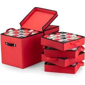 Christmas Ornament Storage Box - Stores 128 3" Ornaments with Individual Trays -  Proof 600D Oxford Fabric - ornament organizer storage box, Durable Christmas Containers Holder - Red
