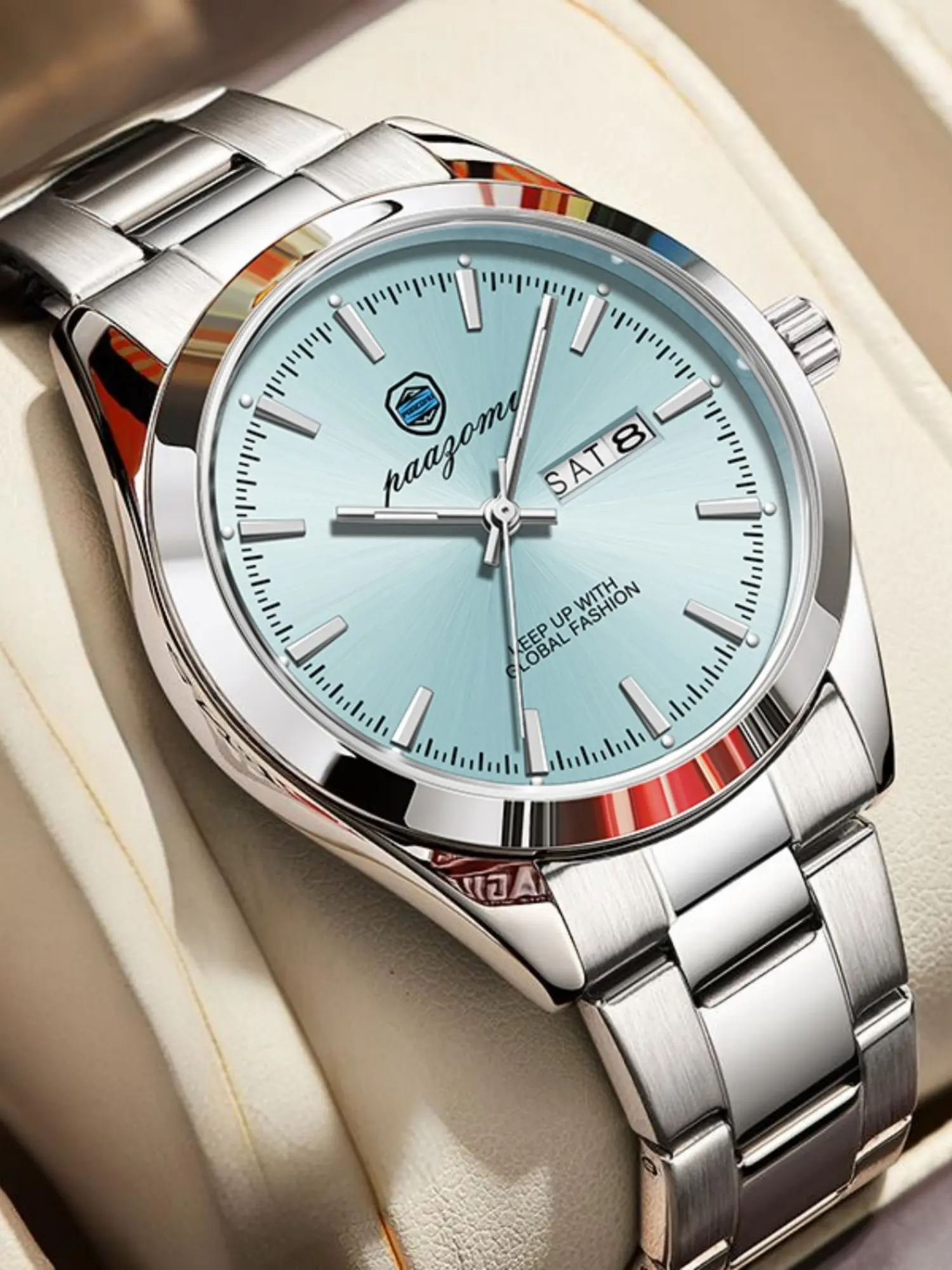 Men's Watches, Quartz Analog Watch, Wristwatch, Fashion Wristwatch, 50M Waterproof Brand PAAZOMU Watch Japan Imported Quartz Movement Accurate Timekeeping Silver Stainless Steel English Calendar SKY Blue Dial Business Watch Dad Husband Gift