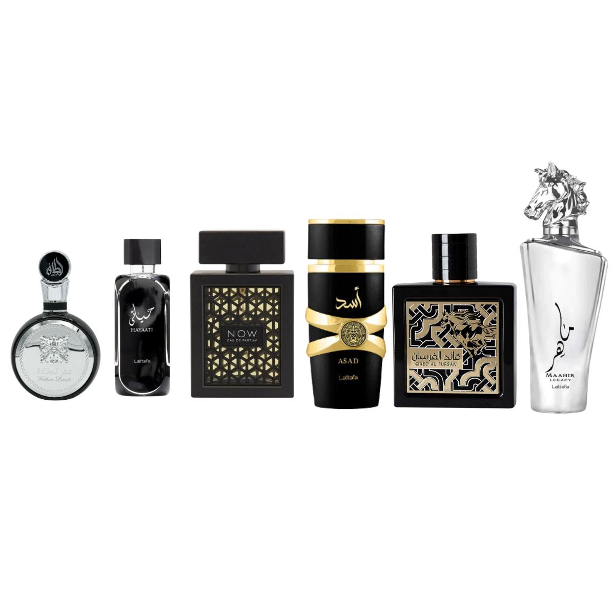 LATTAFA HOLIDAY MEGA COMBO SET LEGACY, HAYAATI, ASAD, FAKHAR, RAVE NOW & QAED AL FURSAN EAU DE PARFUM 3.4FL.OZ