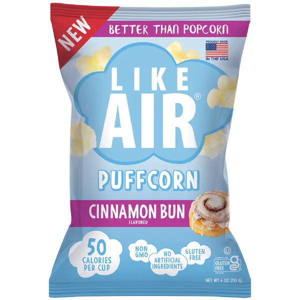 Like Air Puffcorn Cinnamon Bun – 2 (4oz) Bags – Gluten Free, Non-GMO Snack, Melts in Mouth, Soft & Easy to Enjoy