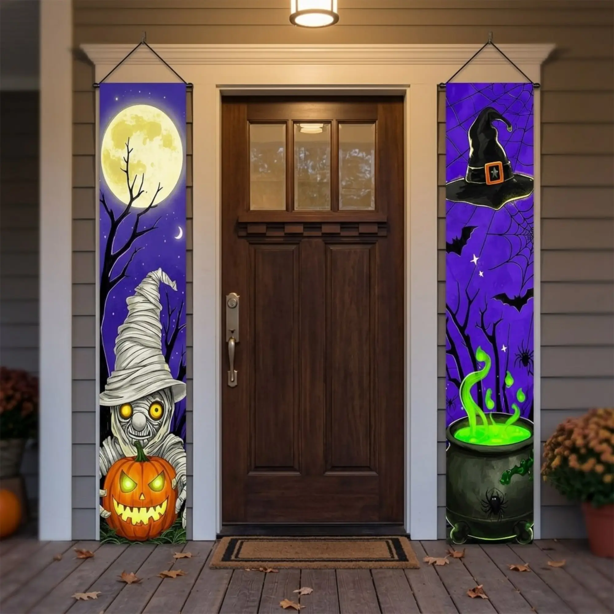 Halloween Door Banner Set – Spooky Mummy, Witch Hat & Pumpkin Porch Decor, Full Moon Outdoor Front Door Hanging Curtains, Halloween Party Decoration