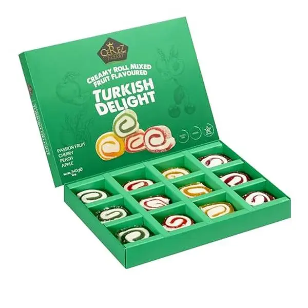 Cerez Pazari Turkish Delight Candy, Creamy Roll Mixed Fruit Flavored Vegan Gifts, Gourmet Snacks Gift Box | Gluten-Free Vegan Candy, Plant Based Snacks, Traditional Gourmet Dessert, 12 oz.