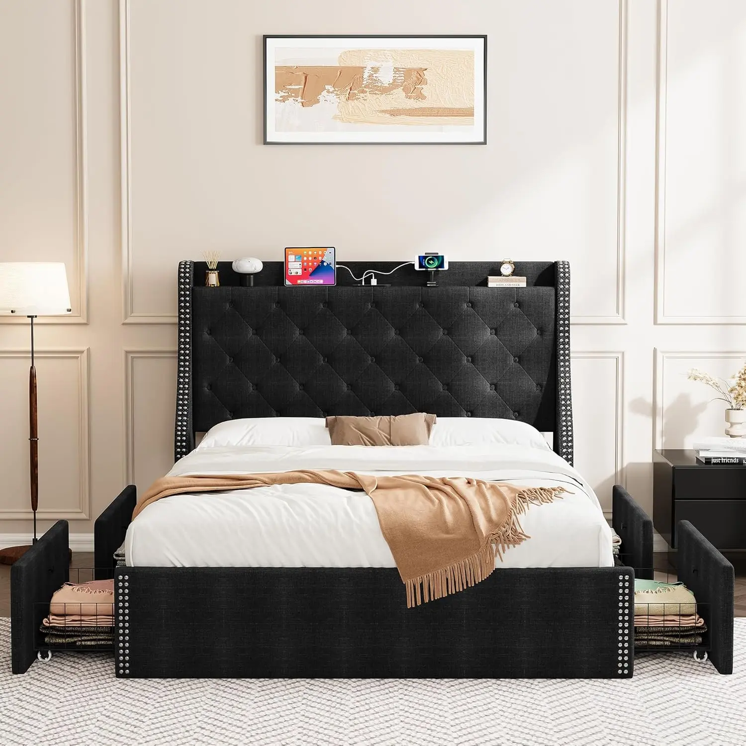 Full Bed Frame with 4 Storage Drawers and Charging Station Headboard for a Clutter-Free Cozy Bedroom