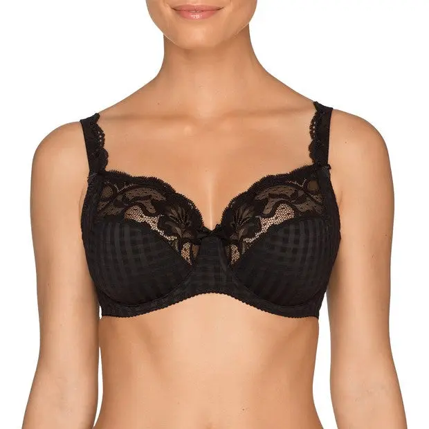 Women's Prima Donna Madison Full Underwire Bra - Elastic Straps, 3-Section Cups, Matching Check Design - F, G, H Cups - Black