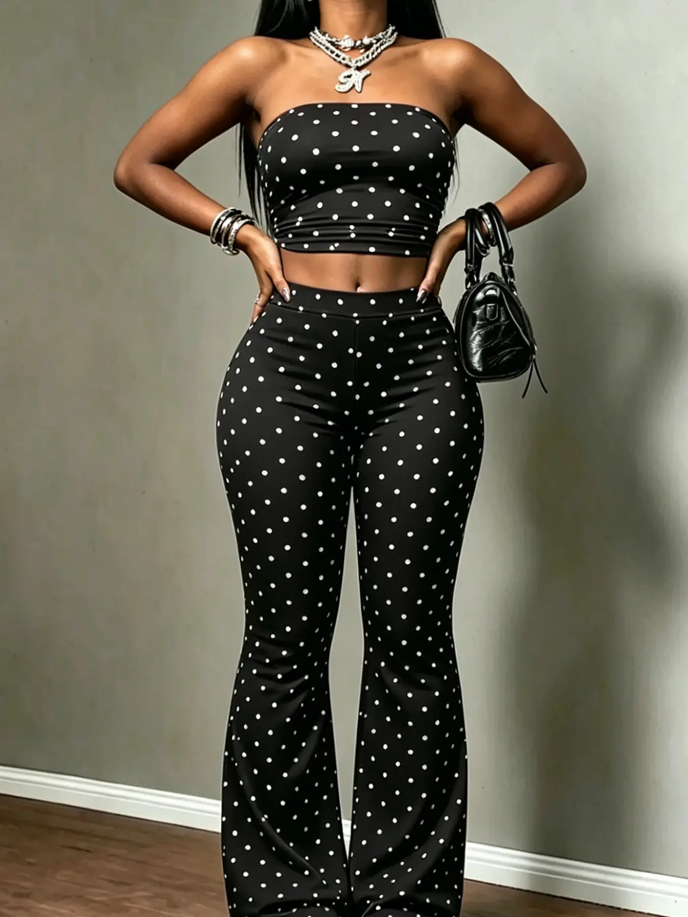 Women's 2 Piece, Polka Dot Strapless Tube Top, High Waist Flare Pants, Y2K Retro Bodycon, Casual Streetwear, Club Party, Outfit Style