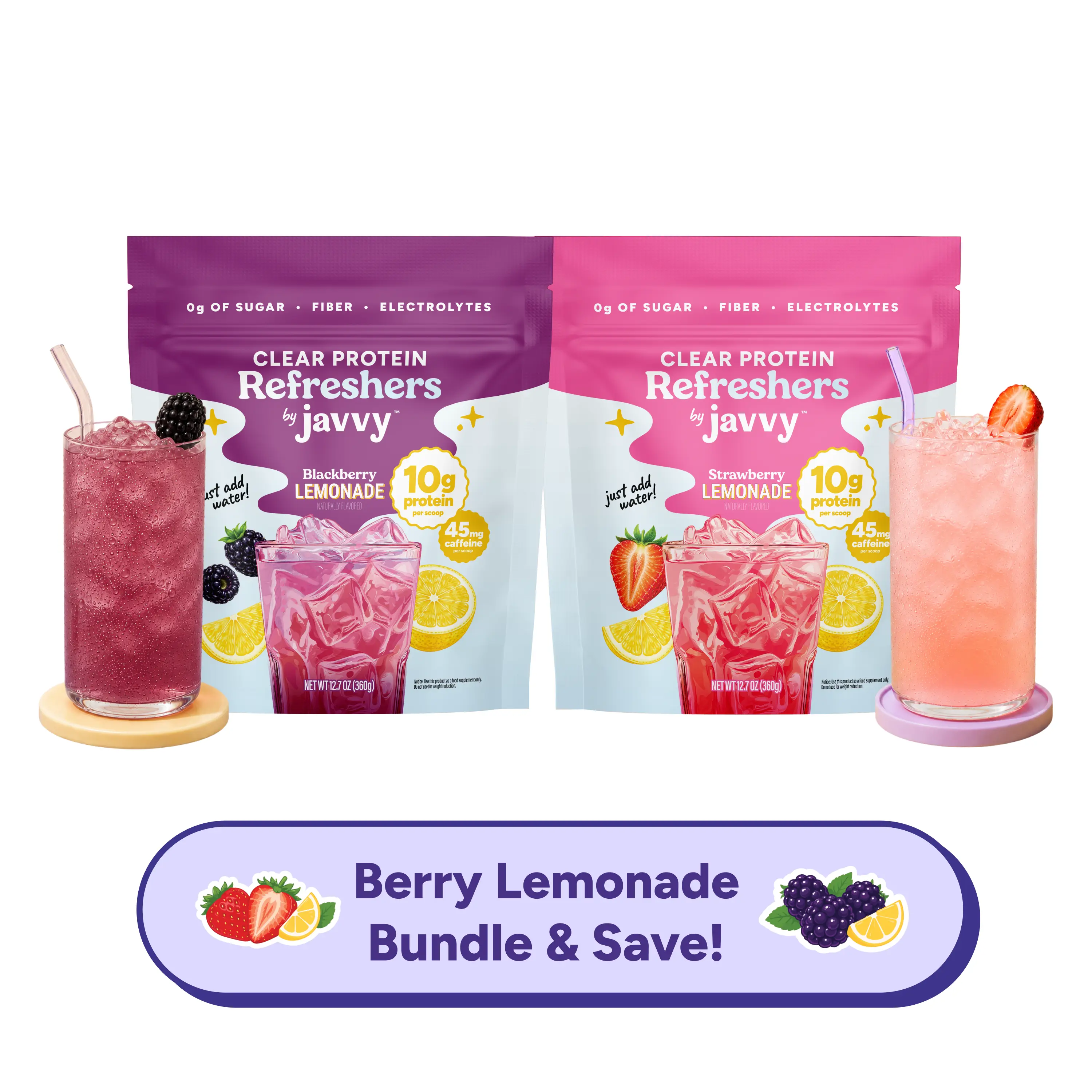 Javvy Berry Lemonade Duo TikTok Exclusive - Strawberry Lemonade + Blackberry Lemonade Refresher Clear Whey Protein Drink Mix, 45mg Caffeine, 0g Sugar, 10g Protein, With Fiber & Electrolytes, 20 Servings Each