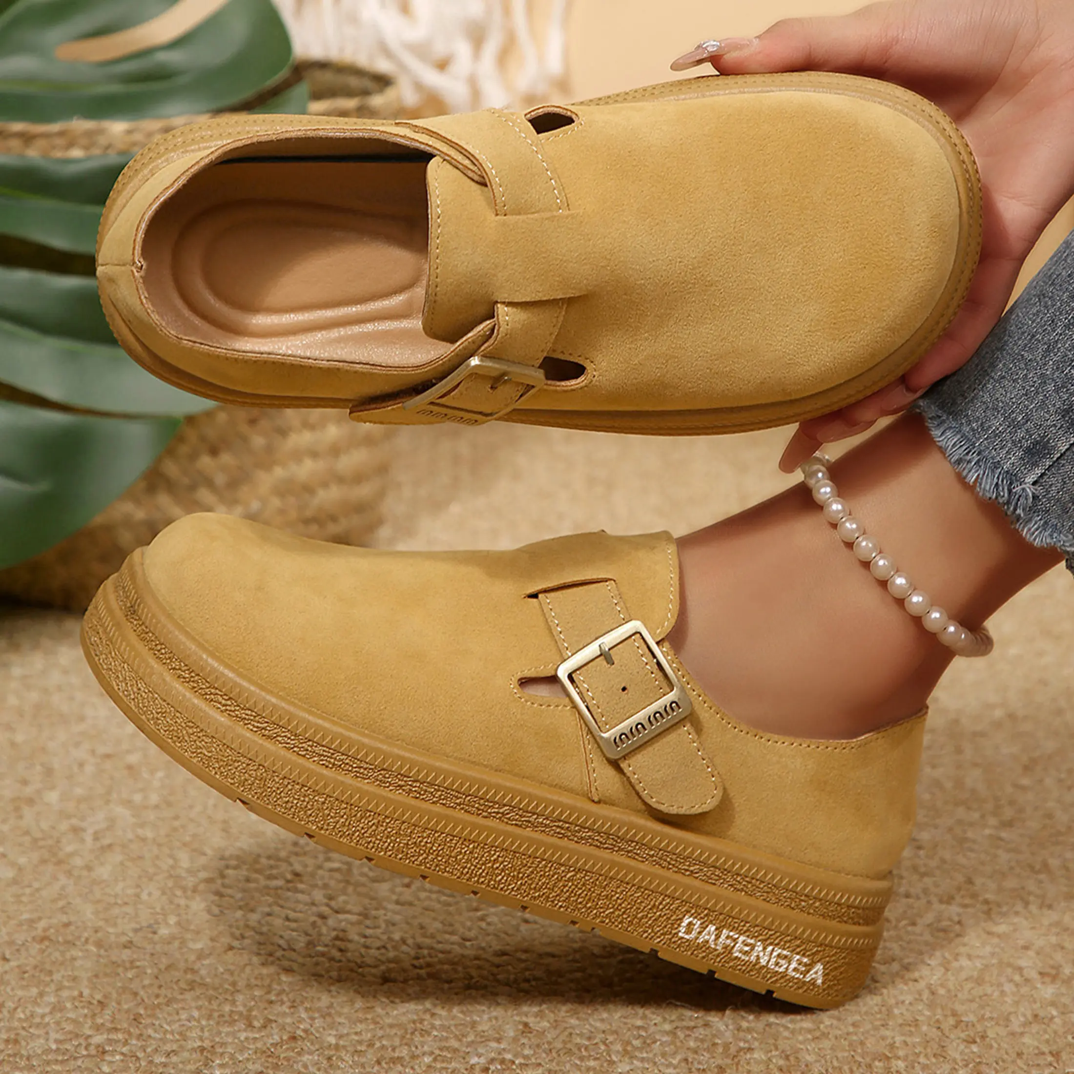 Faux Suede Clogs for Women Adjustable Buckle Platform Mules Cork Footbed Sandals Slip On Slippers Potato Shoes