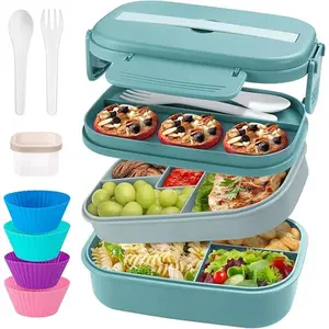 Bento Box Adult Lunch Box, Stackable Lunch Container for Adults Men Women Kids, 63oz 3 Layer Large Lunch Box Container with Utensil Set, Sauce Container, Muffin Cups,