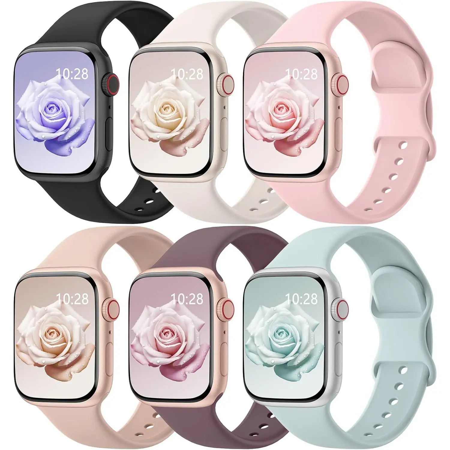 Men’s 6-Pack Colorful Round Patent Silicone Water-Resistant Smart Watch Bands, Adjustable Fashion Accessories, iOS-Compatible, Fits iWatch Sizes 38mm/40mm/41mm/42mm (Series 10,9,Ultra,8,7,6,5,4,3,2,1,SE), Birthday, Father's Day