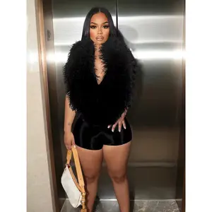 Soft Serve Feather Jumpsuit - Black Fur, Icon Style, Above the Knee Length, Long Sleeve, Women's Wear, Minimalist, Summer Wear, Event Occasion, Basic Piece, Statement Overalls,