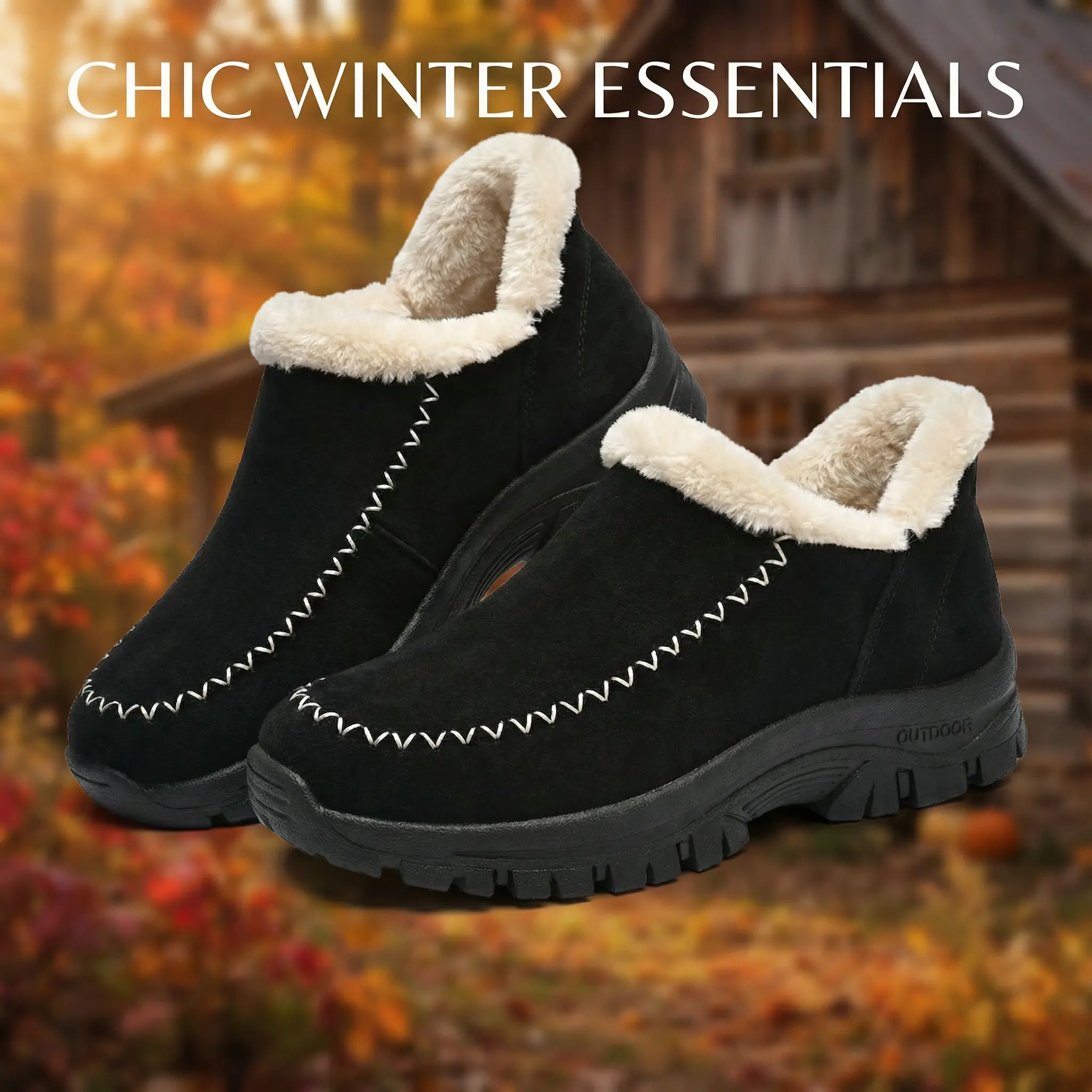 Women's Suede Upper Ankle Boots - Cozy Fur-Lined Slip On Winter Shoe with Low Heel, Round Toe, and Anti-Slip Rubber Sole for Outdoors, Walking Shoes, Eva