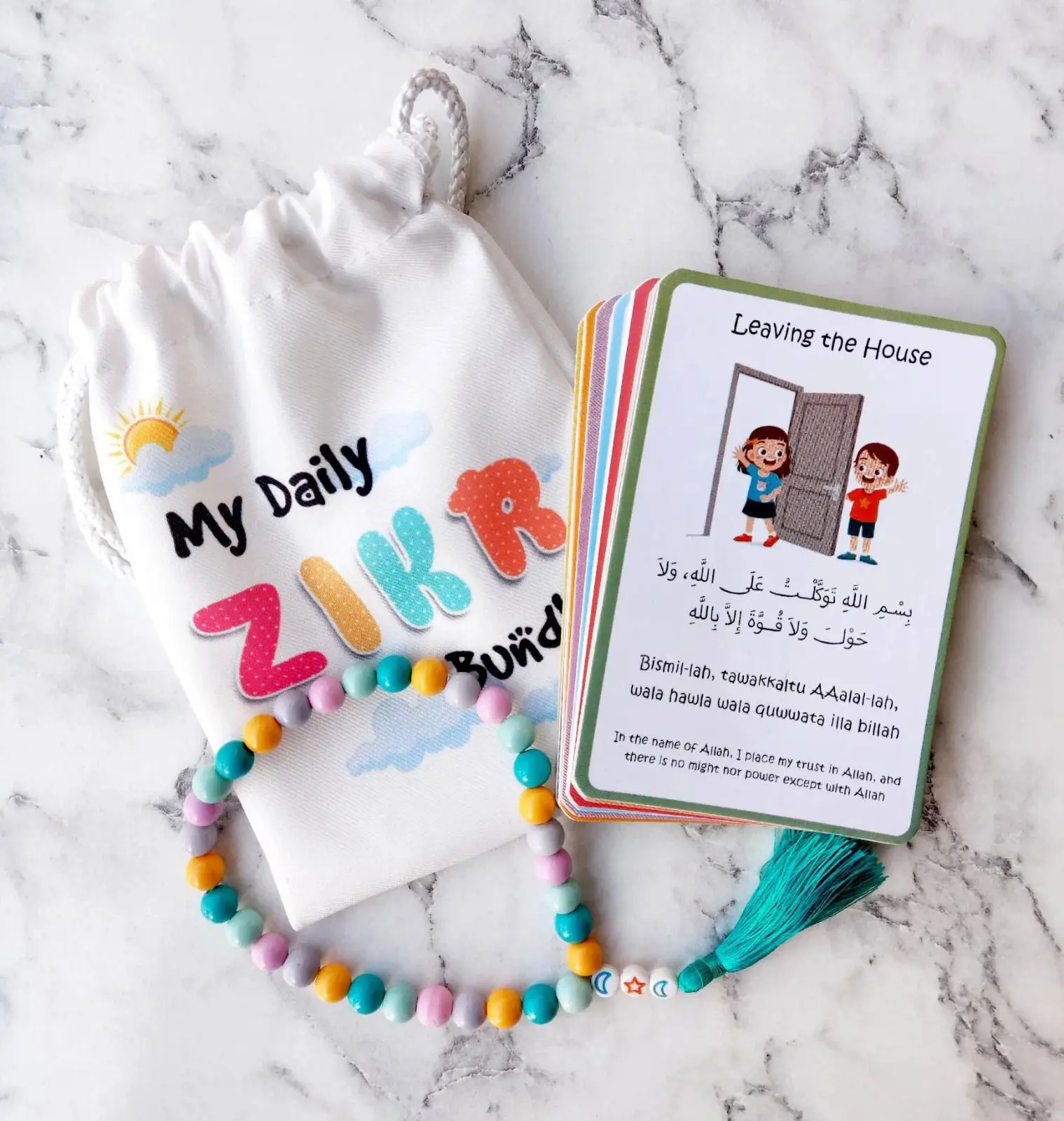 My Daily Zikr Bundle for Kids – Islamic Dua Flash Cards with Arabic, English & Illustrations | Includes Tasbeeh Beads & Pouch | Learn Daily Duas for Salah, Leaving Home, Eating & More | Muslim Gift Set for Children